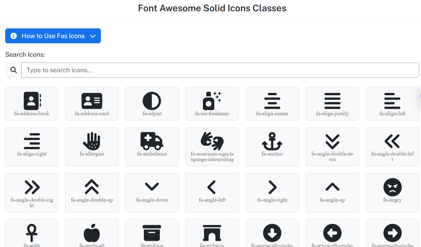 Font Awesome Solid Icons Search | Free FA Icon Classes Finder